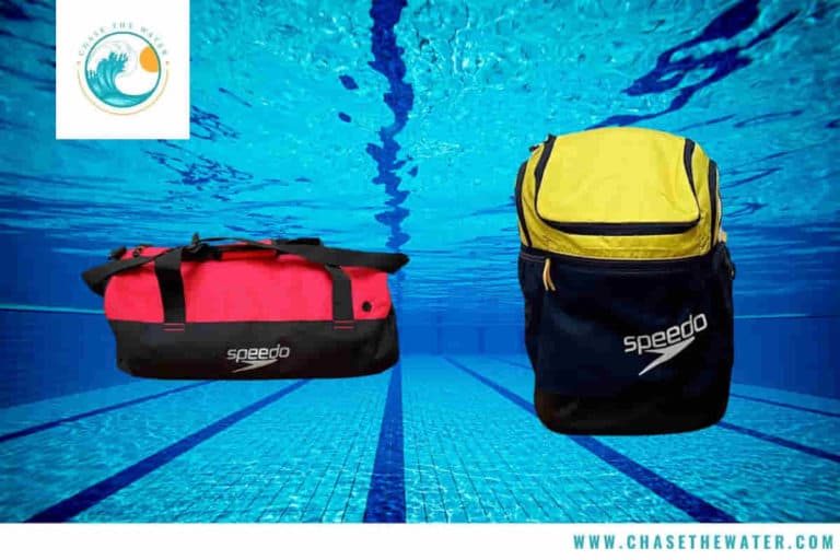 swimming bags with a pool in the background