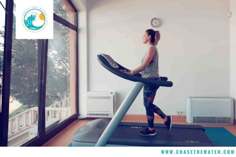 A woman runs on a home treadmill